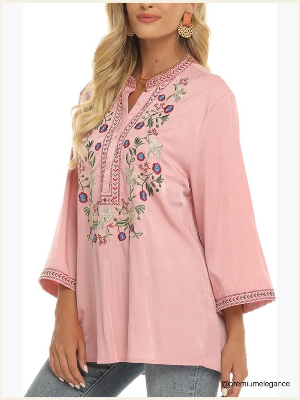 Embroidered Mexican Peasant Tunic Blouse - 3/4 Sleeve V-Neck Boho Top
